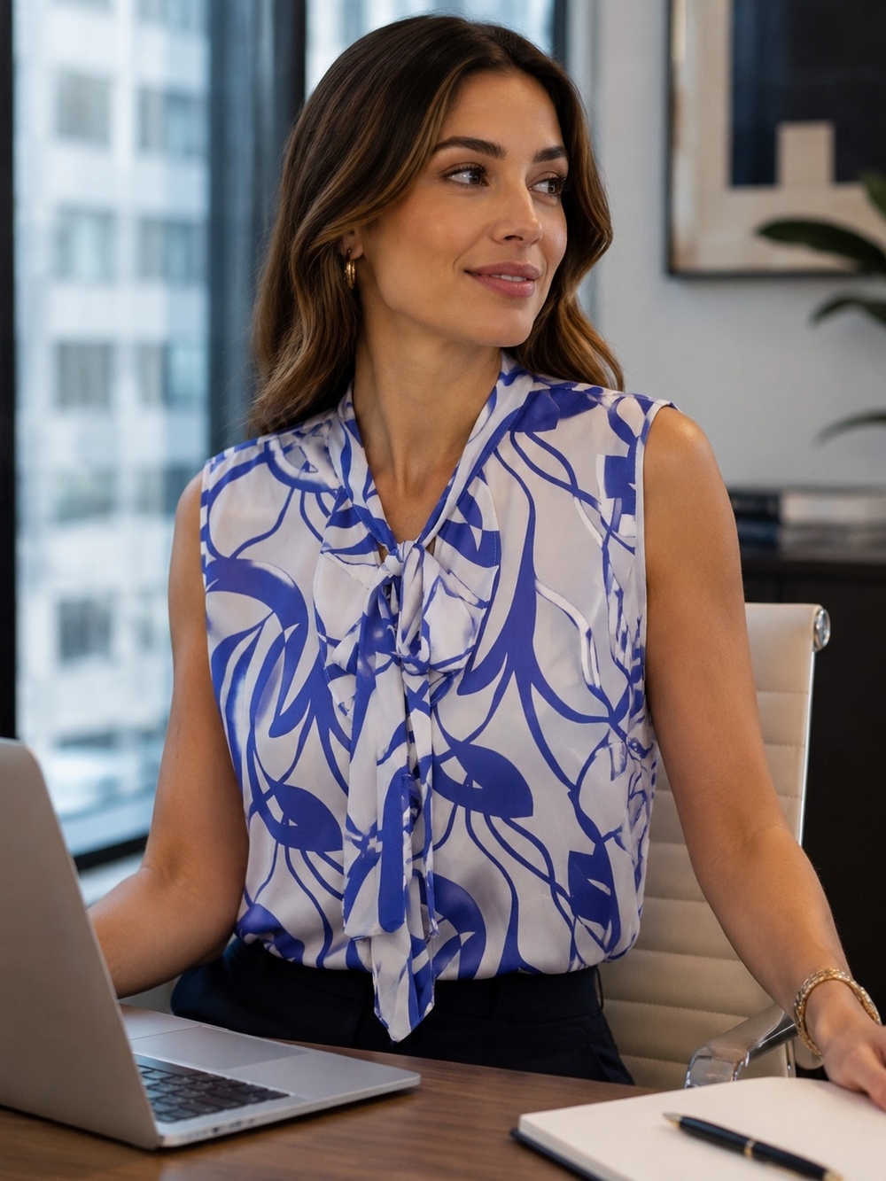 Ashley Stewart Blue and White Sleeveless Tie-Neck Floral Blouse
